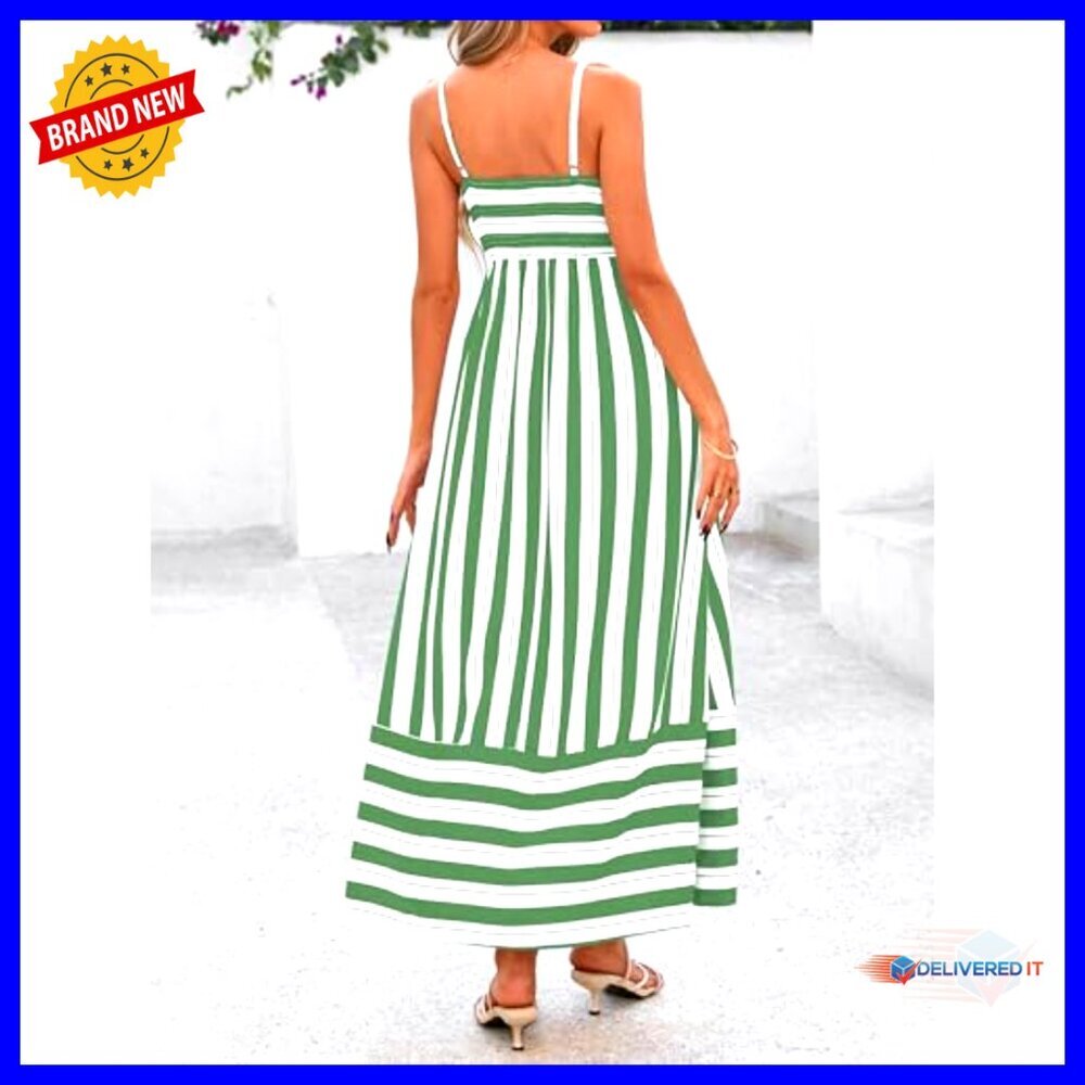 Spaghetti Strap Maxi Dress Boho Floral Striped Wedding Guest Beach Vacation - Picture 5 of 7